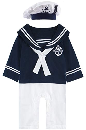 MOMBEBE COSLAND Baby Jungen Matrose Kostüm Strampler mit Hüte Langarm (0-3 Monate/70 UK, Schatz Blau)