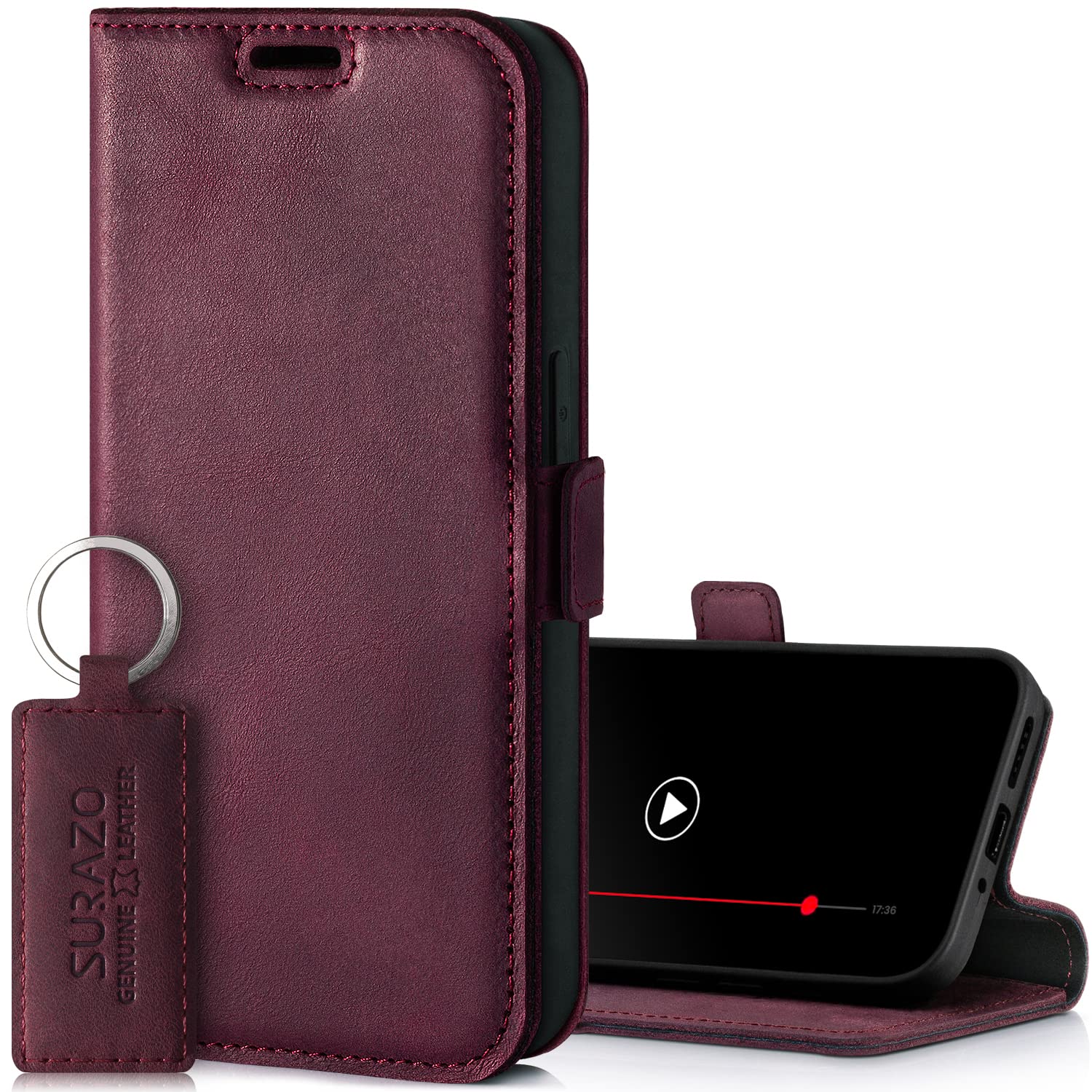SURAZO Premium Slim Magnet Handyhülle für Samsung Galaxy S24 Plus Hülle Leder – Klappbare Echtleder Schutzhülle [mit Kartenfach, RFID Schutz] Flip Klapphülle Wallet Case Cover Lederhülle (Burgund)
