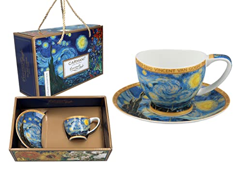 CARMANI - Espressotasse und Untertasse aus Keramik mit Vincent Van Gogh, The Starry Night, 100 ml