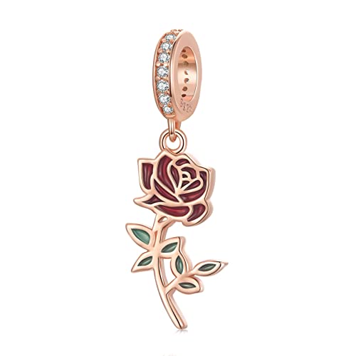 DYXIA Charm-Anhänger, rosévergoldete rote Rose 925 Sterlingsilber Charm Bead for Pandora Troll Chamilia Biagi und europäische Armbänder und Halsketten BSC642