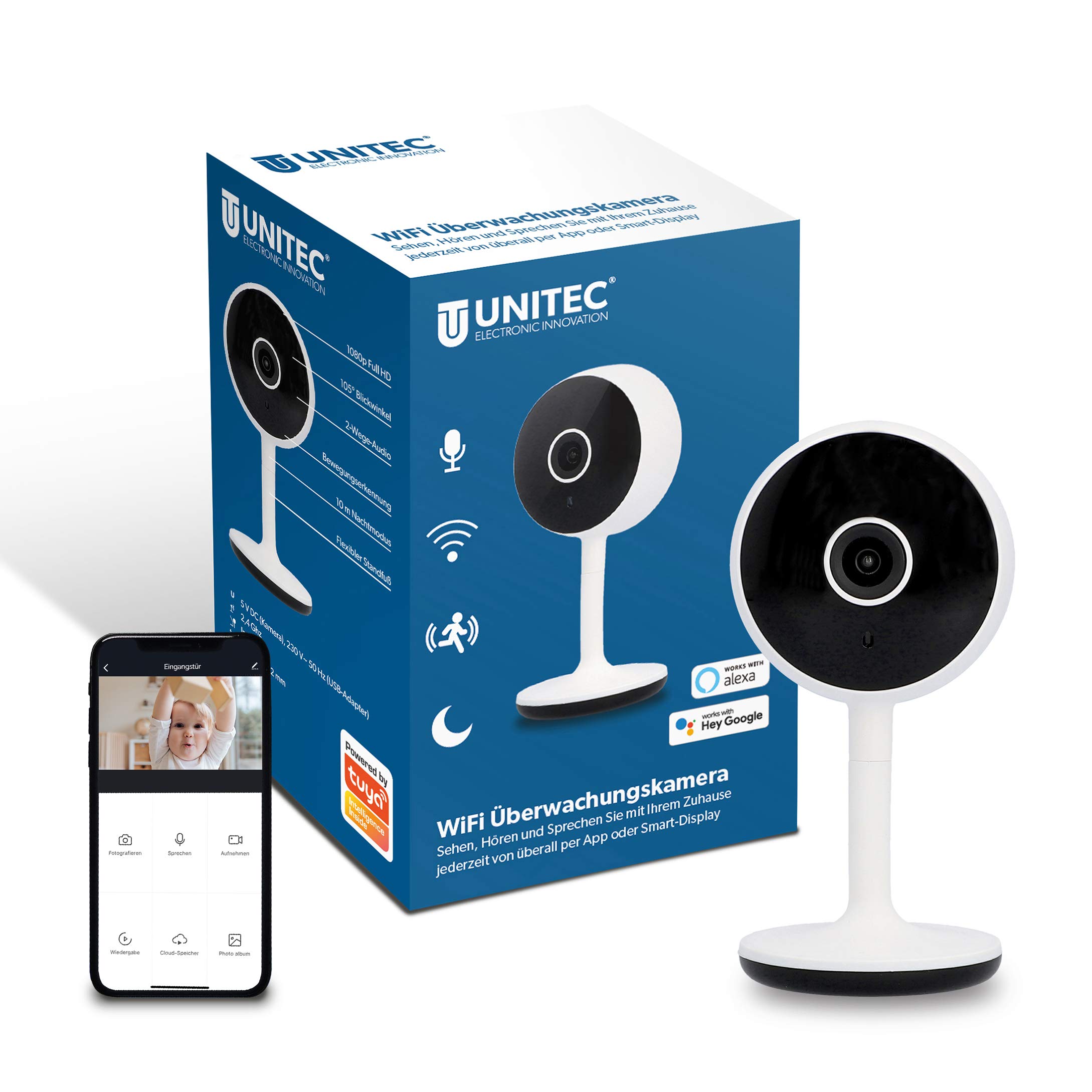 UNITEC WIFI Smarte Überwachungskamera, FULL HD Video-Kamera, Bewegungs- und Geräuscherkennung, Nachtsicht-Funktion, 1 Stück (1er Pack)