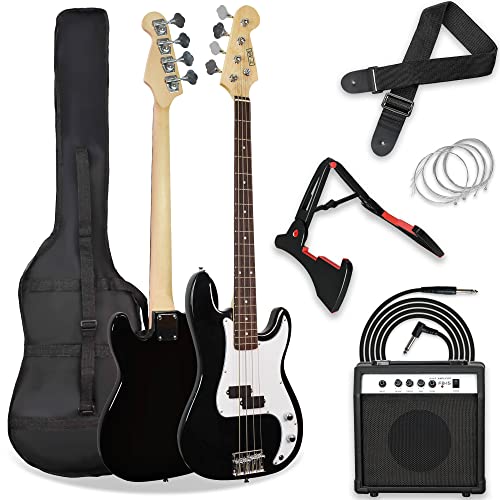 3rd Avenue Rocket Series Full Size Electric Bass Guitar Pack Kit in Schwarz mit Gitarrenverstärker