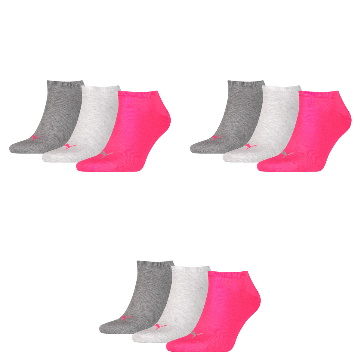Puma unisex Sneaker Socken Kurzsocken Sportsocken 261080001 6 Paar, Farbe:Mehrfarbig, Menge:6 Paar (2 x 3er Pack), Größe:35-38, Artikel:-656 middle grey melange/pink