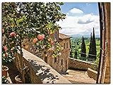 Artland Leinwandbild Wandbild Bild auf Leinwand 40x30 cm Wanddeko Fensterblick Toskana Landschaft Garten Rosen Balkon Natur T4QS