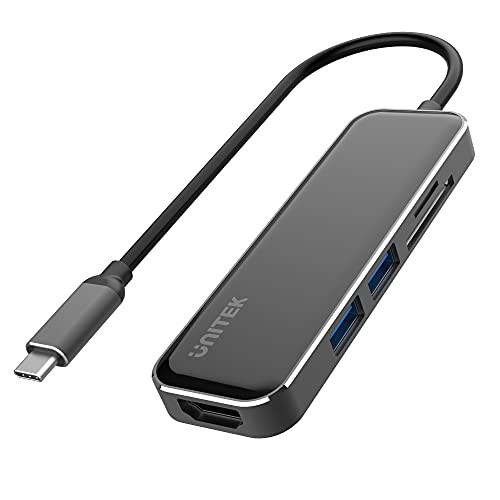 UNITEK Hub USB-C mit mit gehärtetes Glas/Aluminiumgehäuse │ 2* USB A 3.1 Gen1, HDMI 4K, SD und microSD Kartenleser │ BC 1.2 Laden, 5 Gbps, Kabellange 13 cm,