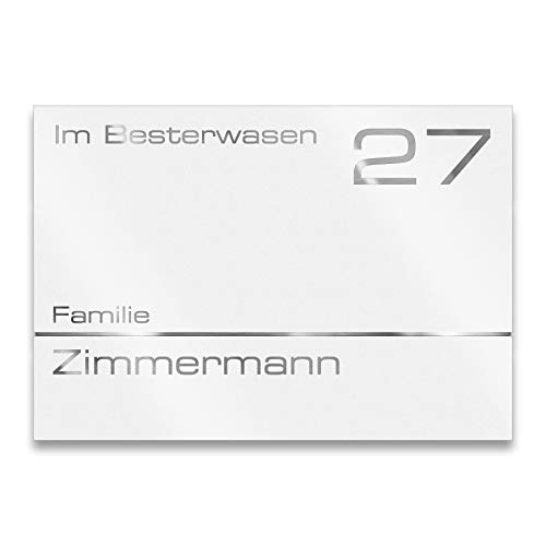 Moderne Edelstahl Hausnummer - in weiß - Namensschild Metzler – wetterfest & massiv – rostfrei & UV-beständig – individuelle Beschriftung (Zimmermann)