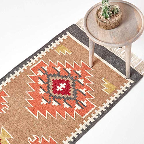 Homescapes Kelim-Teppichläufer Jaipur, handgewebt aus Wolle/Baumwolle, 66 x 200 cm, bunter Wollteppich/Baumwollteppich mit geometrischem Muster und Fransen