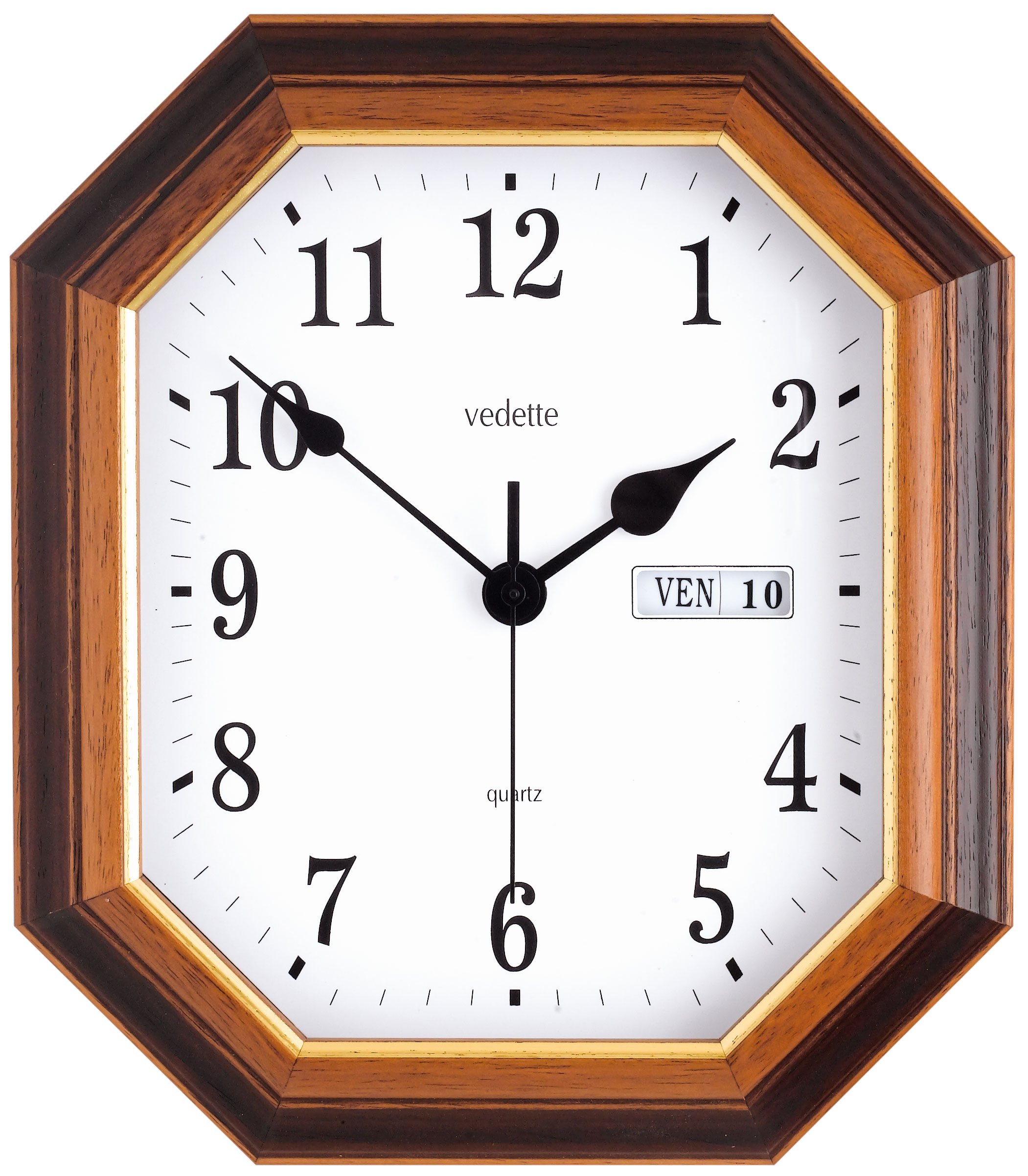 Vedette Unisex Erwachsene-VP40034-Pendel-Quarz analog, Zifferblatt weiß, Holz, Tag, Datum, 30.60 x 26,5 cm