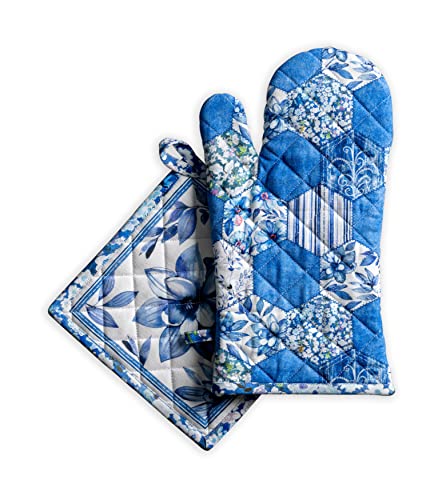 Maison d' Hermine Summer Blue 100% Baumwolle Set aus Ofenhandschuh (19 cm x 33 cm) und Topflappen (20 cm x 20 cm) zum BBQ | Kochen | Backen | Mikrowelle | Grillen | Frühling / Sommer | Ostern