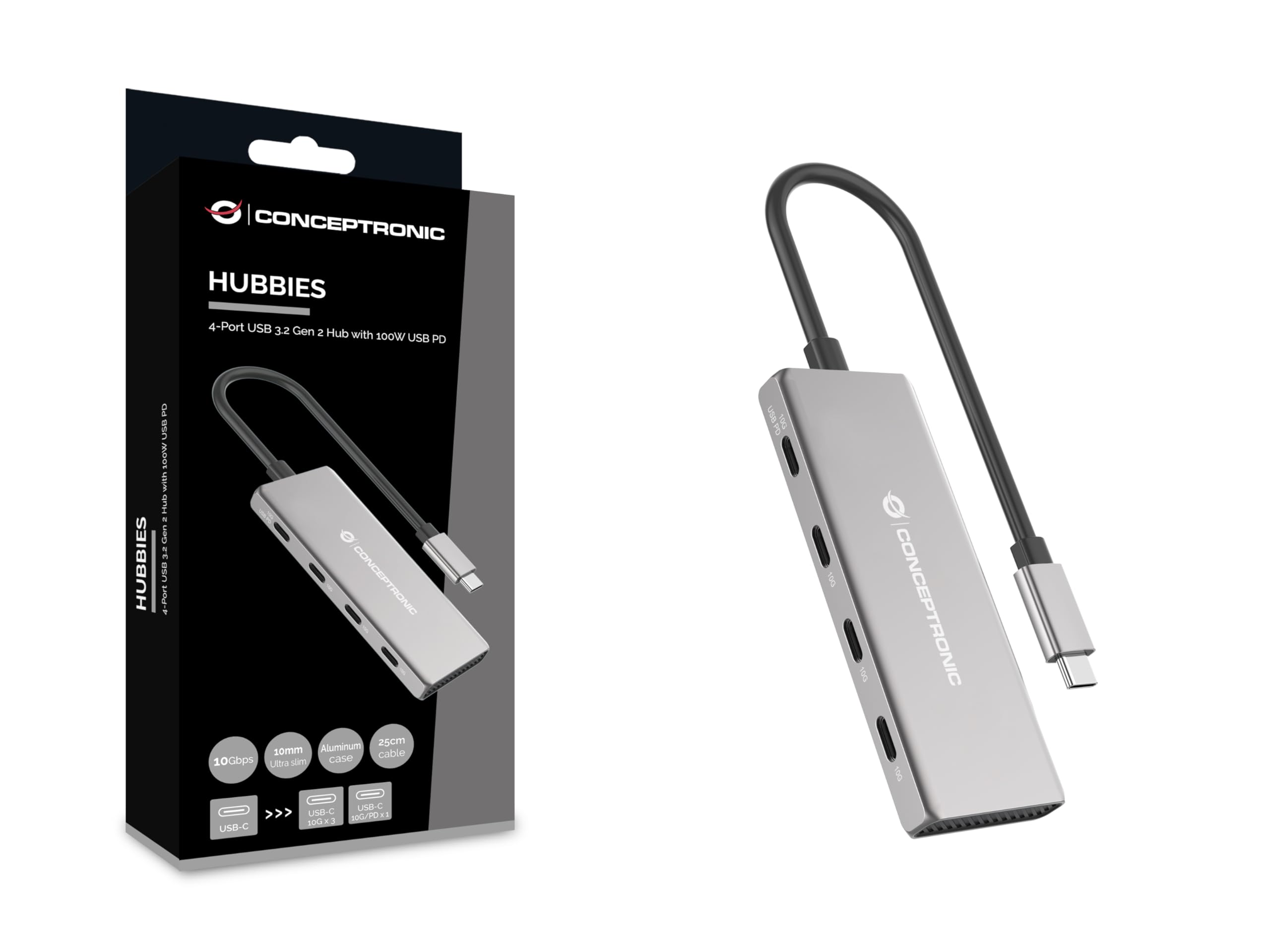 CONCEPTRONIC HUBBIES16G 4-Port USB 3.2 Gen 2 Hub, 10 Gbit/s, USB-C x 4, 100 W USB PD, Aluminiumgehäuse