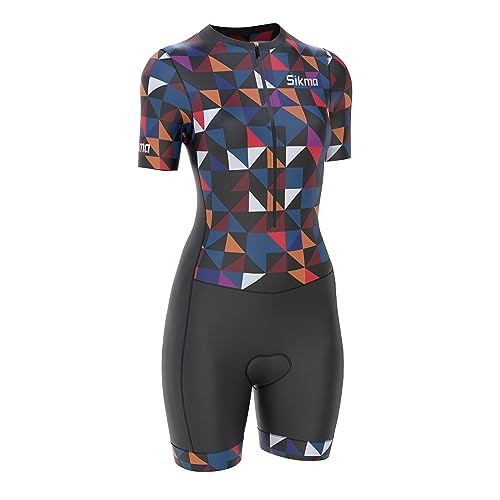 Damen Radsport Skinsuit Frauen Gepolstert Einteiler Trisuit Bike Top Kurz Sublimiertes Design Trägerhose, Dreieck, 46