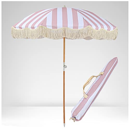 2M Neigbarer Gartenschirm, Vintage Sonnenschirm Mit Fransen, Runder Strandschirm, Modische Rosa Und Weiße Streifen, Holzschirmstange, Schatten, Regenfest