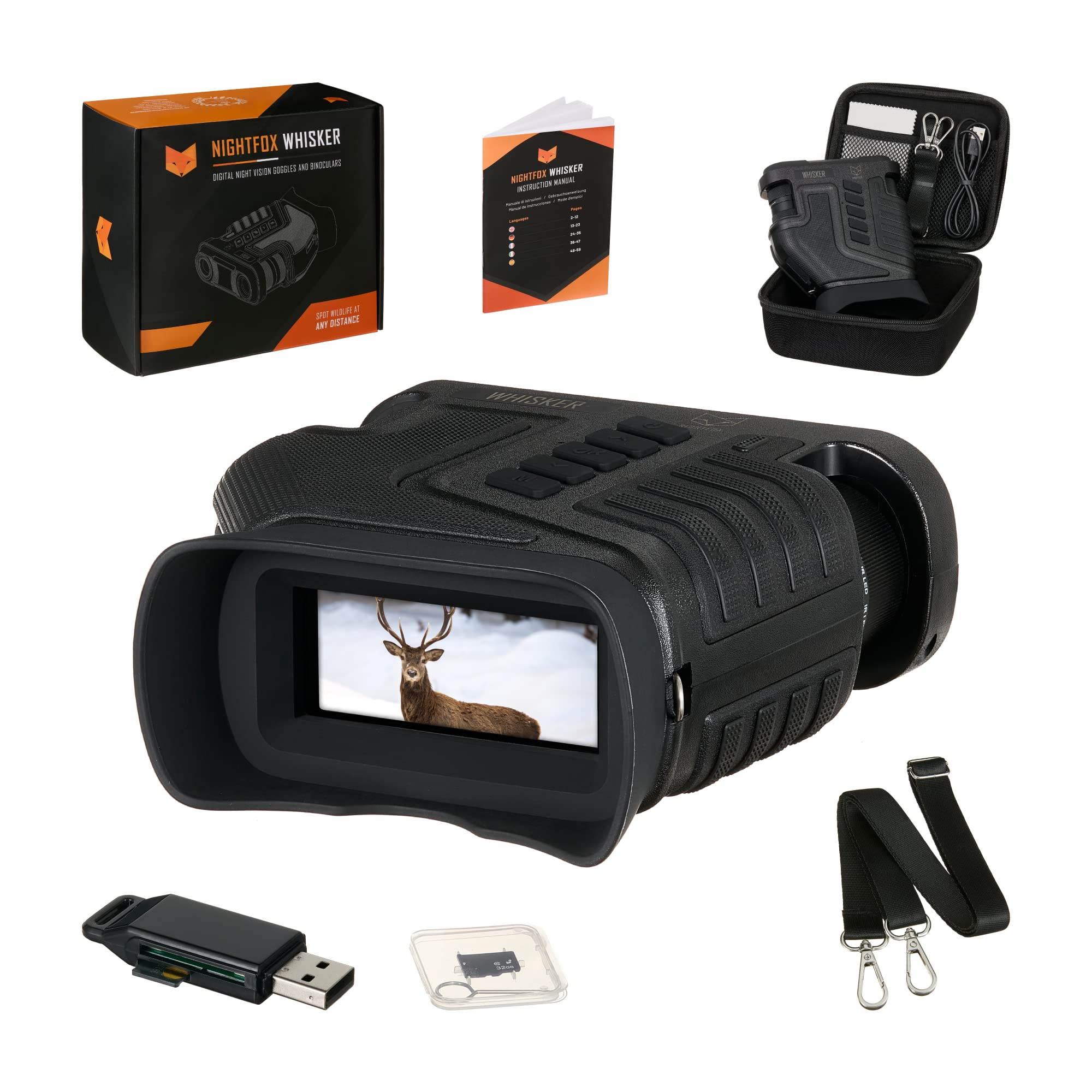 Nightfox Whisker Nachtsichtgerät mit Kamera| Einstellbarer 1-10x optischer Zoom | 275m Reichweite | HD Aufnahmefunktion, via USB wiederaufladbar | 32GB Speicher | Digitales Fernglas mit Nachtsicht