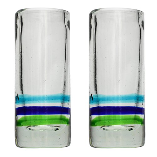 Tumia LAC Handgemachtes Tequila/Shot Glas - recyceltes Glas – 3-Farbiger Ring - Set aus 2 Gläsern