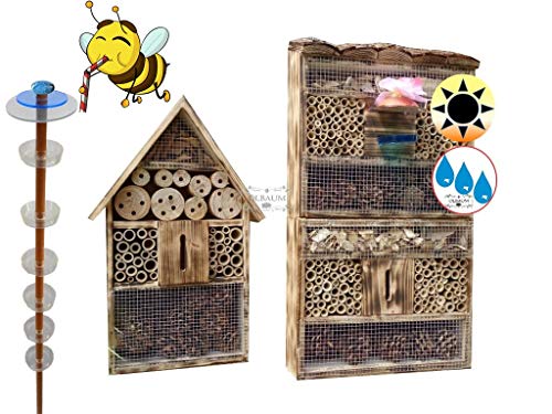 Haus 2X Lotus Bienenhotel, Premium Insektenhotel MIT BIENENTRÄNKE,XXL Bienenstock & Bienenfutterstation für Wildbienen, Hummeln Schmetterlinge braun Nistkasten Insektenkasten Insektenhaus