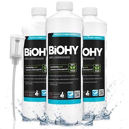 BiOHY Abflussreiniger (3x1l Flasche) + Dosierer | mit spezieller Haarweg-Formel | Bio Abflussreiniger für Küche & Bad | entfernt selbst hartnäckigste Verstopfungen | ohne ätzende Dämpfe & Gerüche