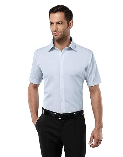 Vincenzo Boretti Herren-Hemd bügelfrei 100% Baumwolle kurz-arm Slim-fit tailliert Uni-Farben - Männer Hemden für Anzug Krawatte Business oder Freizeit hellblau 39/40