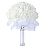 Hochzeits-Brautstrauß mit Blumen, Kristall-Diamant-Schaumstoff-Rosen, hält Blumen mit schönem Band, Brautjungfer, Hochzeitsstrauß, künstliche Seidenblumen, Handhaltung (weiß)