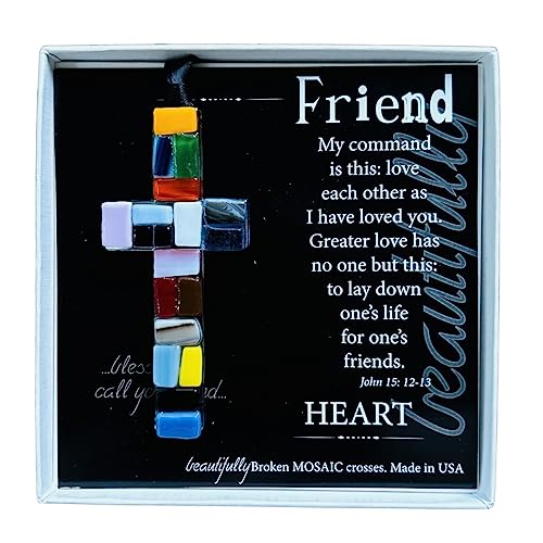 Glaskreuz mit Aufschrift"Friend, John 15,12", in Geschenkbox