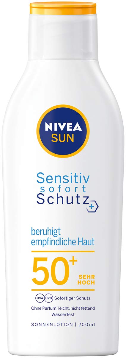 NIVEA SUN Sensitiv Sofortschutz Sonnenlotion im 1er Pack (1 x 200 ml), Lotion mit LSF 50+ für empfindliche Haut, wasserfester Sonnenschutz