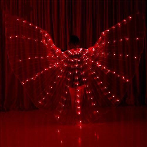 Schmetterlingsflügel Feenflügel für Erwachsene, LED-Lichter Bauchtanzflügel mit ausziehbarem Stab, Leuchtende Performance-Kleidung für Halloween und Weihnachtsfeiern (Rot)