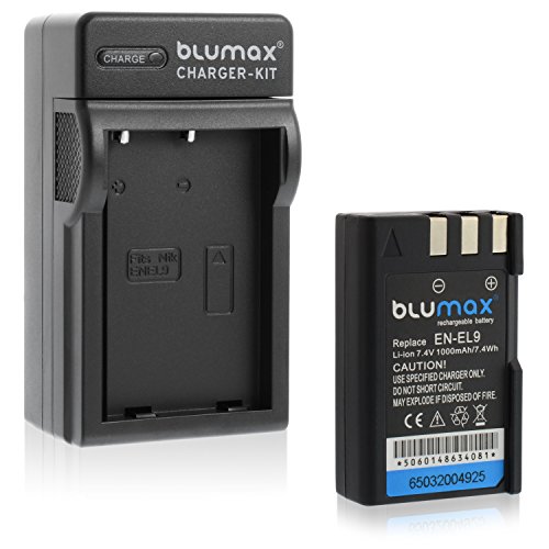 Blumax Akku für Nikon EN-EL9 / EN-EL9e / EN-EL9a 1000mAh + Ladegerät für EN-EL9 / EN-EL9e / EN-ELa | passend zu Nikon D40-D40X-D60-D3000-D5000