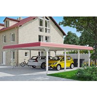 Skan Holz Doppelcarport Wendland Weiß 630 x 879 cm Alu-Dach Blende Rot