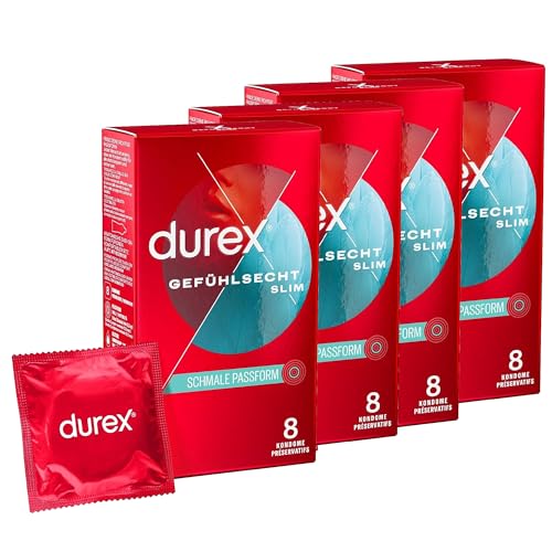 Durex Gefühlsecht Slim Fit Kondome – Hauchzarte Kondome mit schmaler Passform für intensives Empfinden – 4er Pack (4 x 8 Stück)