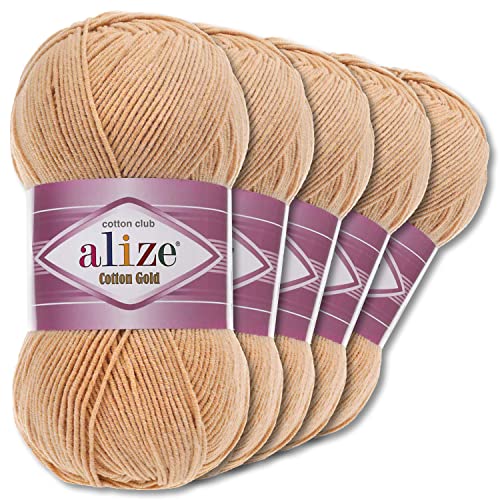 Alize 5 x 100 g Cotton Gold Premium Wolle| 39 Farben Sommerwolle Garn Stricken Amigurumi (446 | Camel)