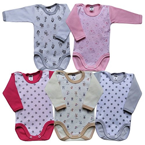 MEA BABY Unisex Baby Langarm Body aus 100% Baumwolle im 5er Pack, Baby Langarm Body mit Print, Baby Langarm Body mit Aufdruck, Baby Langarm Body für Mädchen, Baby Langarm Body für Jungen (74, Mädchen)