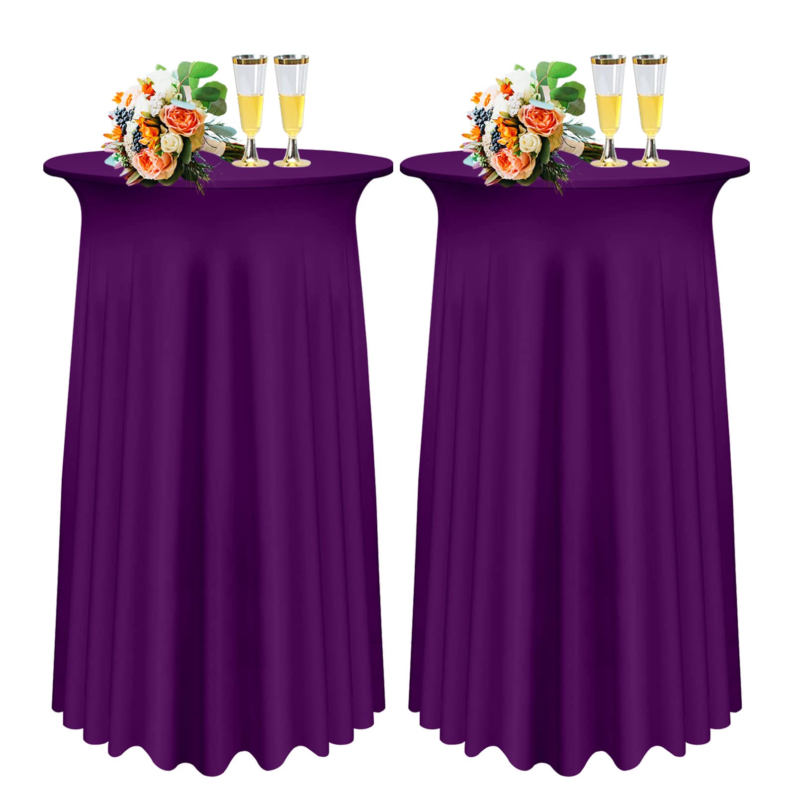 SHUOJIA 1/2/4 Packs Round Cocktail Table Skirt, Spandex Stretch Round Tablecloth Covers with Wavy Drapes, Fitted High Top Cocktail Table Skirt Table Dress for Party Wedding (2Pcs-80cm,Deep Purple)