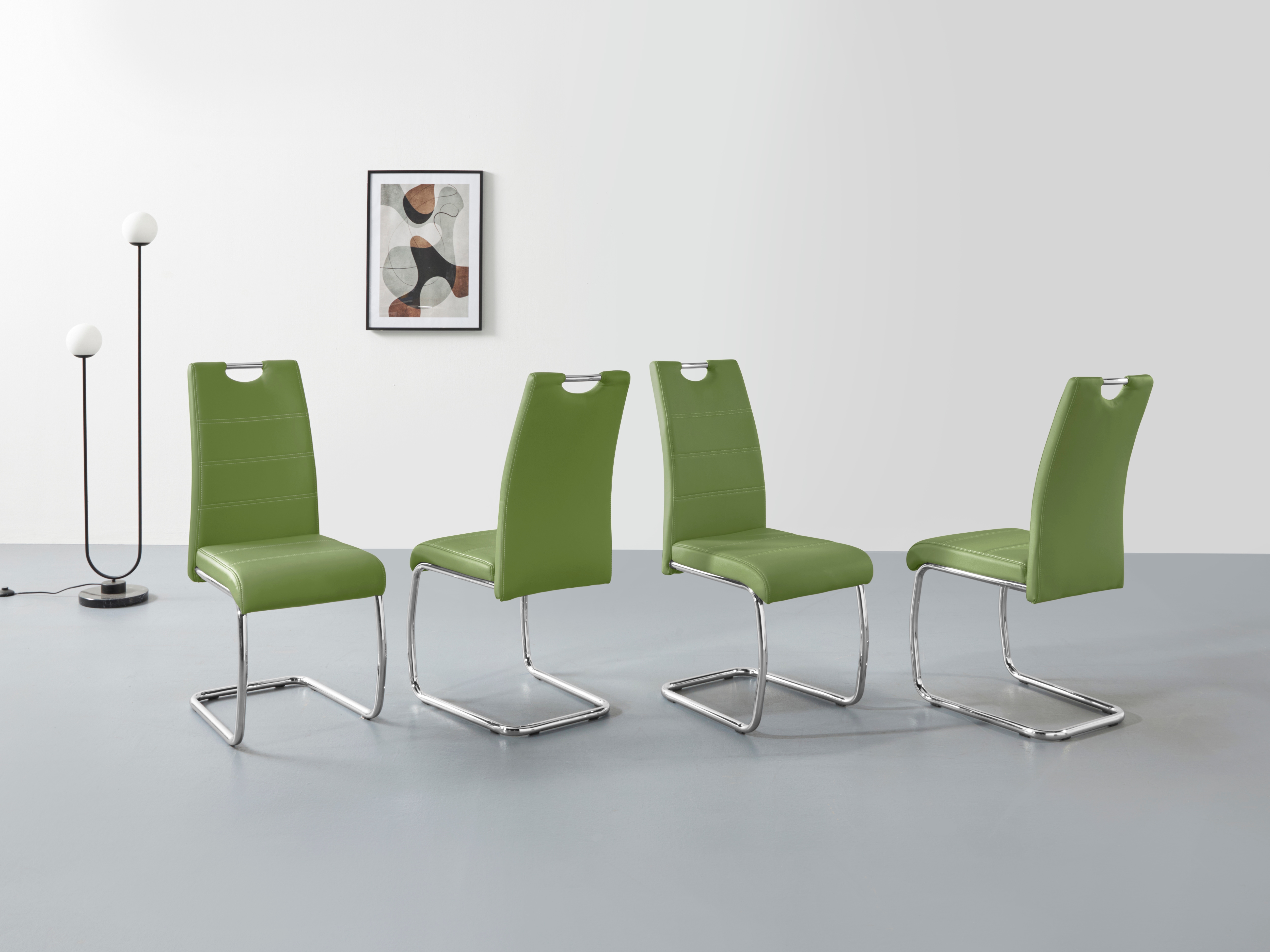 Apollo 4er Set Schwingstuhl Flora, Kunstleder grün, Griffmulde, Metallgestell verchromt, 42x57x98 cm