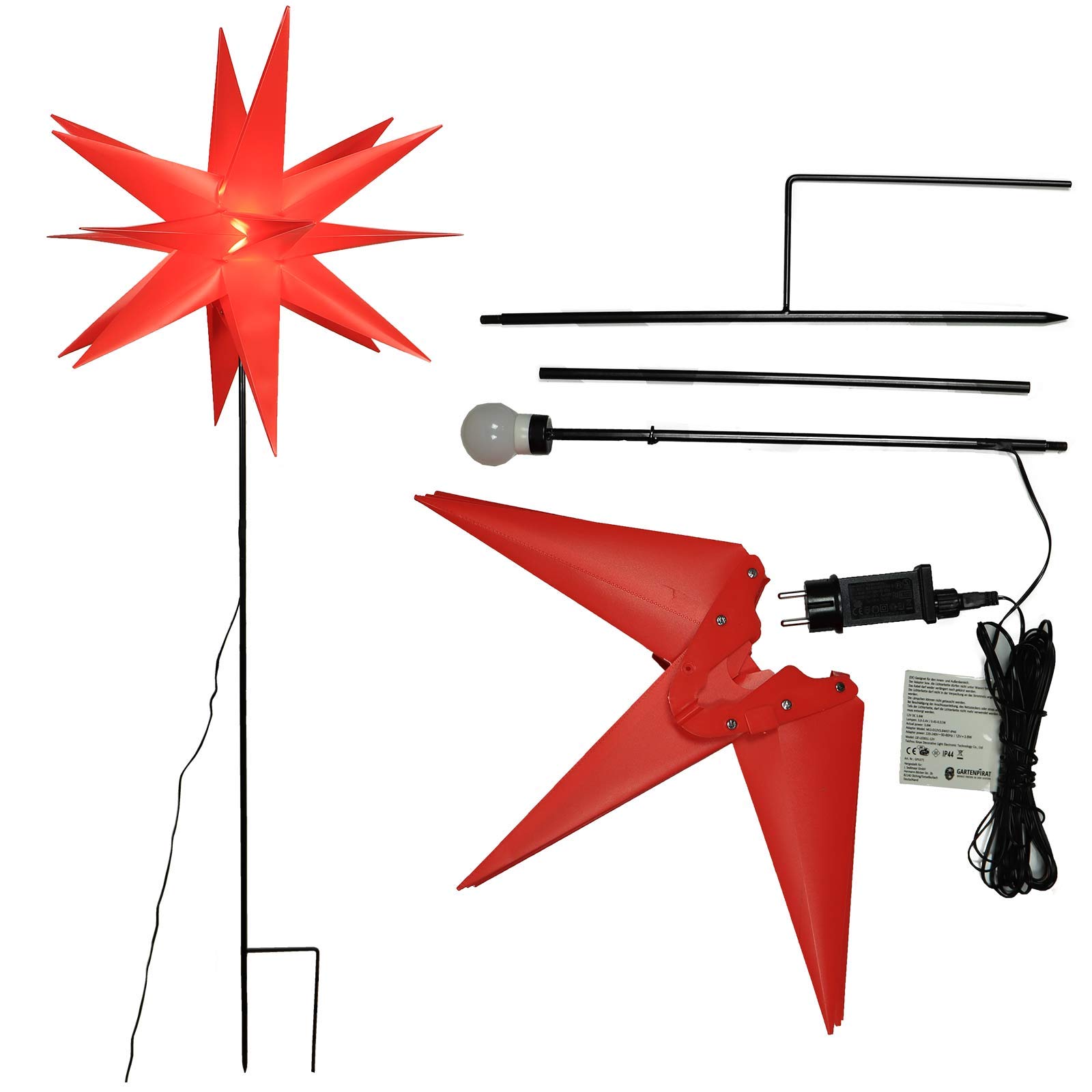 Gartenpirat LED Gartenstern rot Ø 58 cm 120 cm mit Erdspieß Weihnachtsbeleuchtung für außen