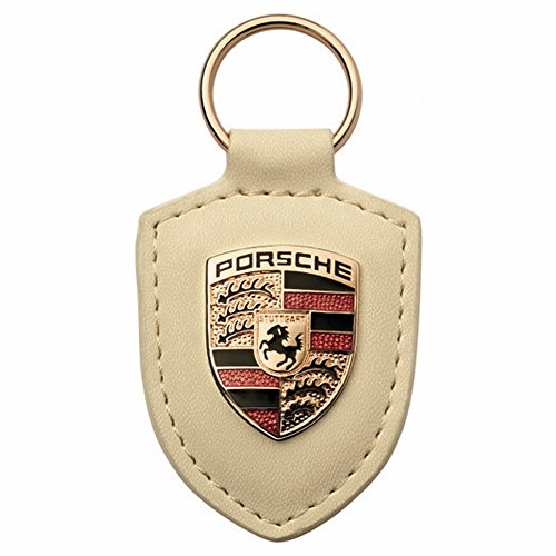 Original Schlüsselanhänger Off White Porsche Leder, mit Metall in Silber Porsche-Logo Geschenkbox