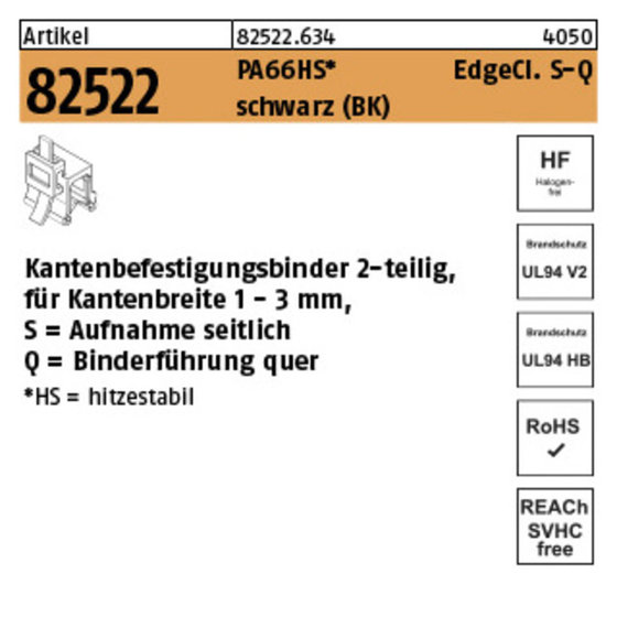 Befestigungsbinder ART 82523 mit Edgeclip PA66HS schwarz 4,6 x 200 O-Q S