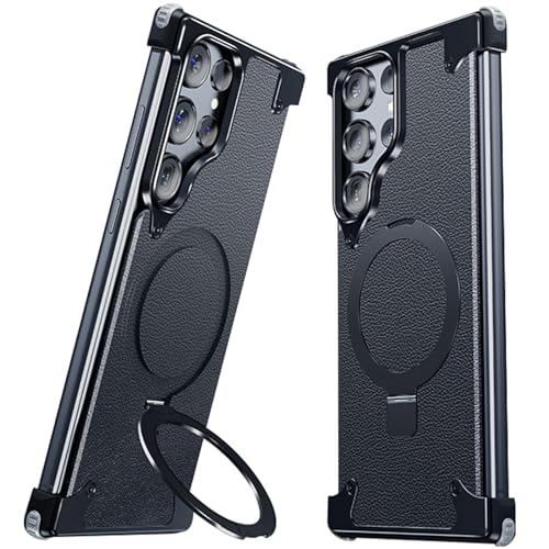LOXO CASE Hülle für Samsung Galaxy S23 Ultra, mit Unsichtbarem Ständer [Kompatibel mit MagSafe] Metallrahmenlose Luxus-PU-Lederrückseite mit Stoßfester Ecke,Black