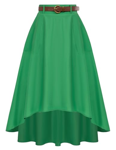 Damen Rock Elegant High Waist A Linie Rock mit Taschen Festlich Rock Skirt Grün L