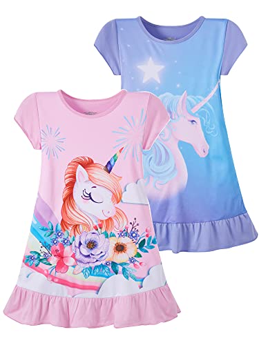 LOLPIP Nachthemden für Mädchen Kleid Kleinkind Kinder Kurzarm Einhorn Nachthemd 2er-Pack Nachthemden 3-4 Jahre, Blau+rosa Einhorn