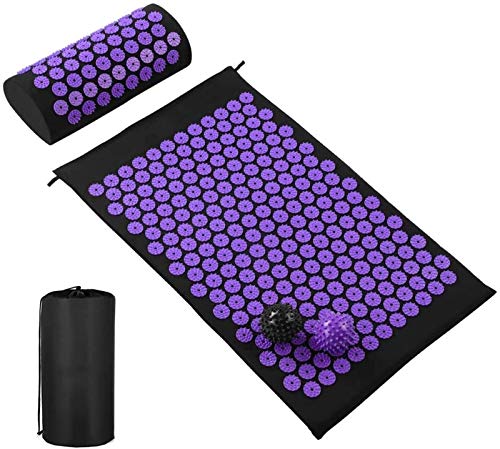 Akupressurmatte und Kissen Set mit 2 Stachel-Massagebällen für Rücken/Nacken/Füße, Schmerzlinderung und Muskelentspannung, mit Tragetasche (Farbe: Schwarz + Violett)