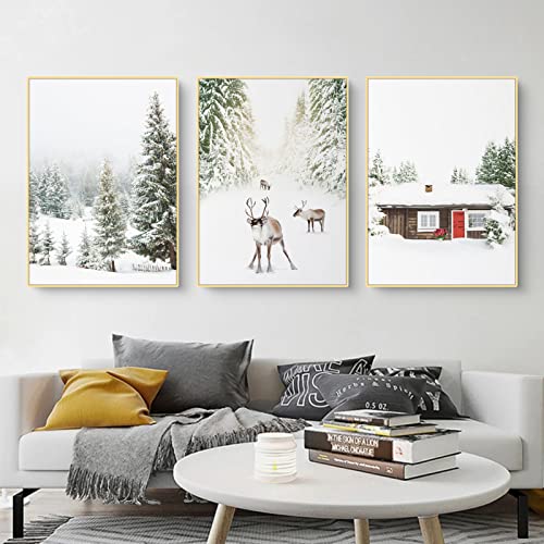 Martin Kench 3er Weihnachts-Poster Set, Winter-Schneelandschaft Bilder, Elch, Holzhaus, Wald Wandkunst Wandbilder Modern Wanddeko für Wohnkultur, ohne Rahmen (B,50x70cm)