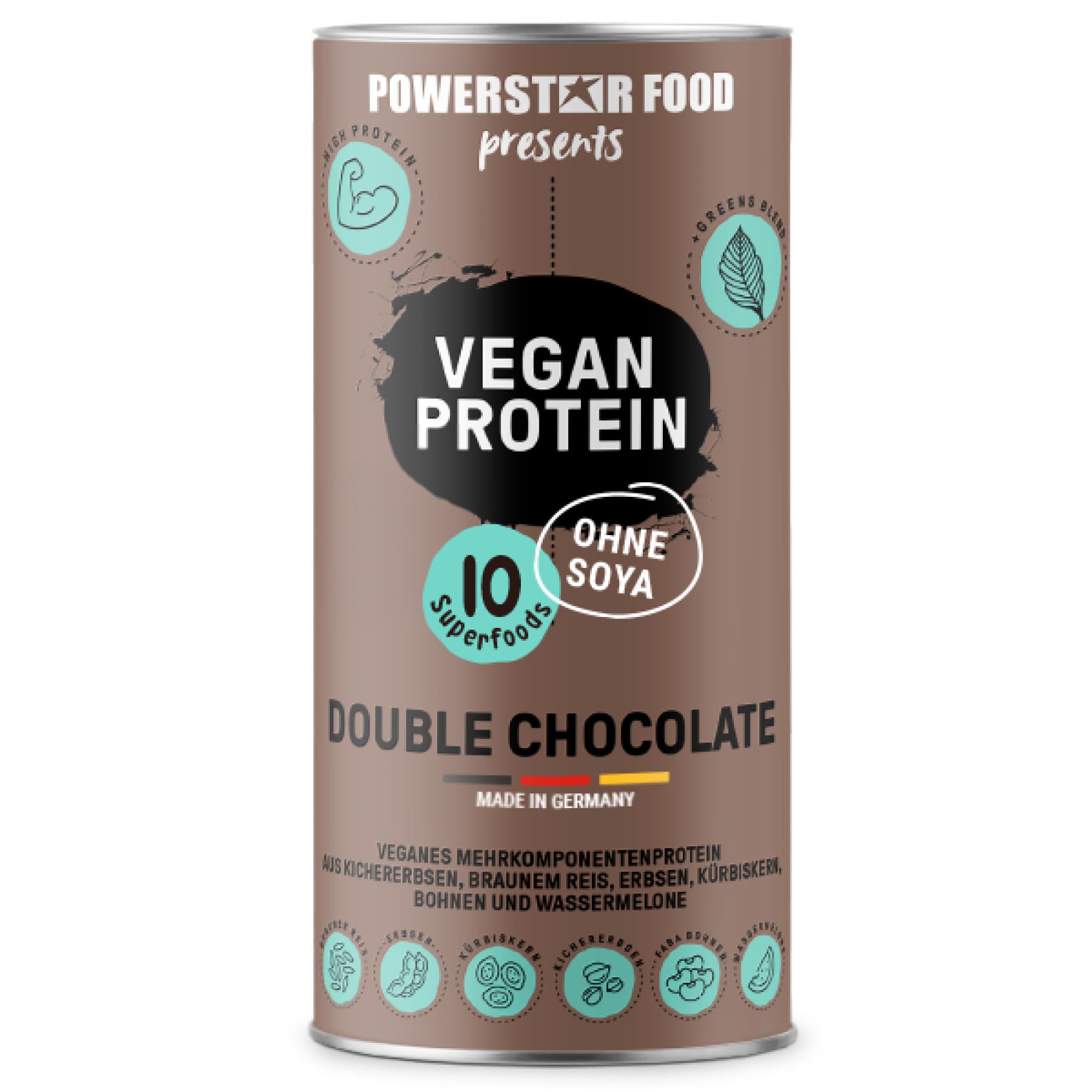Powerstar VEGAN PROTEIN 500 g | Veganes Protein-Pulver ohne Soja | Mehrkomponenten Eiweiß-Pulver mit 10 Superfoods ergänzt | Deutsche Herstellung | Ideal zum Muskelaufbau | Double Chocolate