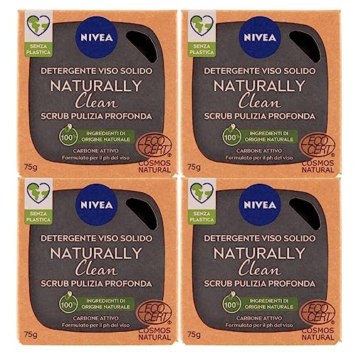 Nivea Naturally Clean Scrub Gesichtsreiniger für die Tiefenreinigung mit Aktivkohle und Zitronensäure Vegan Formel mit Zutaten 100 % natürlicher Herkunft – 4 Seifen à 75 g