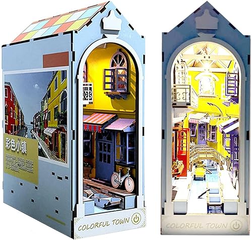Bildungsset DIY Book Nook Kit, 3D-Holzpuzzle mit Licht, Town Booknook Bücherregal Einsatz Diorama Kit, Buchstützen Modellbau for Erwachsene