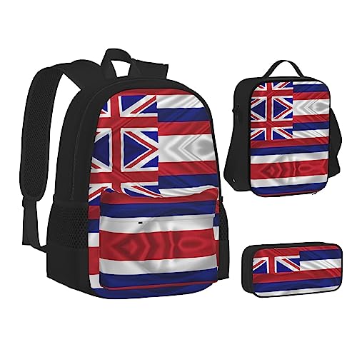 FRGMNT Schwarz und Weiß Löwe Paare Rucksack Schule Büchertaschen Set Lunchtasche Federmäppchen Schulrucksäcke für Teenager Mädchen Jungen, Flagge Amerikanischer Hawaii, Einheitsgröße, Schulrucksack