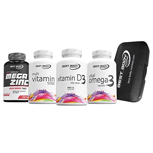 80 Vitamin D3 + Vitamin K2 Kapseln + 150 Mega Zink Kapseln + 120 Omega 3 Kapseln + 100 Multi 5000 Multivitamin Kapseln + Tablettenbox im Set von Best Body Nutrition