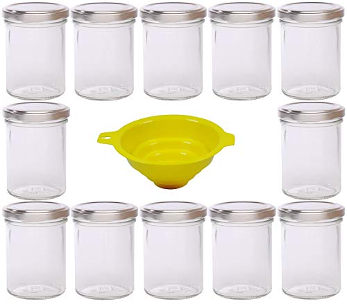 Viva Haushaltswaren - 12 x Marmeladenglas 219 ml mit silberfarbenem Verschluss, runde Sturzgläser als Einmachgläser, Gewürzgläser, Glasdosen etc. verwendbar (inkl. Trichter)