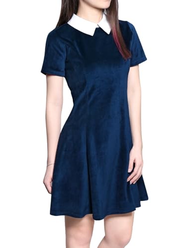 Allegra K Damen A Linie Kurzarm Panel Bubikragen Minikleid Kleid Blau XS(EU 34)