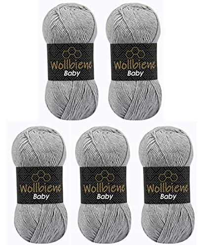 5 x 100g Strickgarn Wollbiene Baby Best Uni, Antipilling Strickwolle Häkelwolle (grau 14)