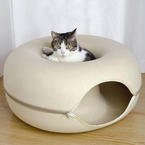 Katzenhöhle für Hauskatzen, Katzentunnel, Bett, Katzen-Donut-Tunnel, multifunktionales Katzenrohr, Abnehmbarer runder Katzenfilz und waschbarer Innen-Katzenspieltunnel,Khaki,S