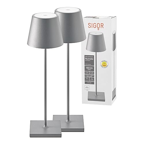 SIGOR 2 Stück Nuindie - Dimmbare LED Akku-Tischlampe Indoor & Outdoor, IP54 spritzwassergeschützt, Höhe 38 cm, aufladbar mit easy-connect, 12 h Leuchtdauer, graphitgrau